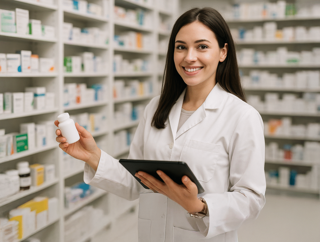 A pharmacist holding a container with medicines